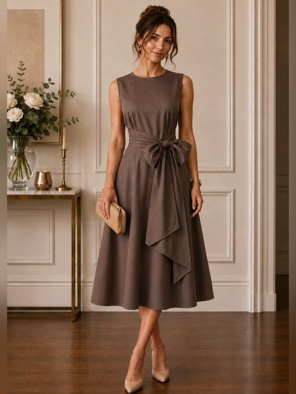 HOBBS LONDON BROWN WIDE TIE WAIST SLEEVELESS ELEGANT MIDI DRESS SIZE 6